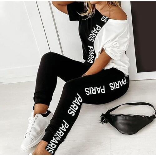 2 Piece Set Sports Suit Women letter paris Tracksuit Trousers off shoulder Top+Pants summer Clothes Breathable female Clothes