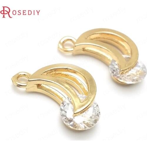 36429)10PCS 15x9MM 24K Champagne Gold Color Brass with Zircon with Moon Round Charms Pendants High Quality Diy Jewelry Findings