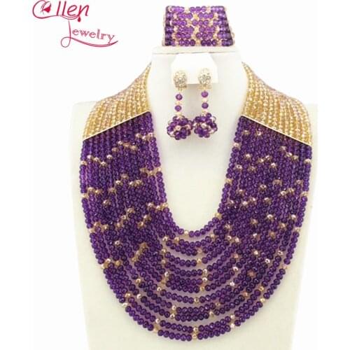 Best African Beads Jewelry Set Nigerian Party African Purple/Champagne Jewelry Sets Crystal Beads Jewelry Sets W10129