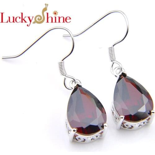 LuckyShine Fashion Jewelry Garnet Gems Silver Cubic Zirconia Wedding Dangle Earrings Russia USA Australia Earrings