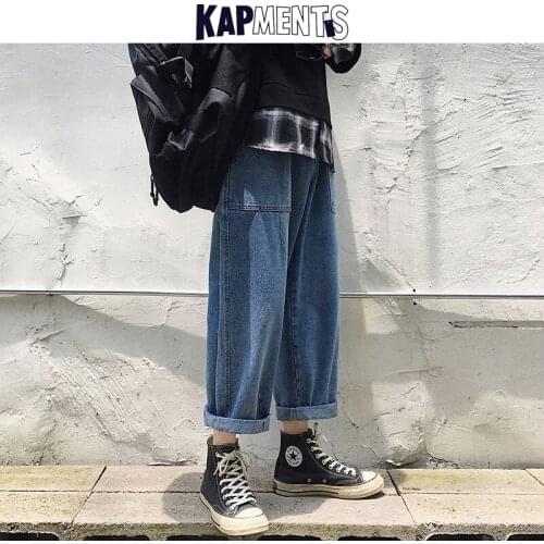 KAPMENTS Mens Solid Pockets Denim Pants 2020 Vintage Hip Hop Male Streetwear Baggy Jeans Harajuku Men Korean Loose Harem Pants