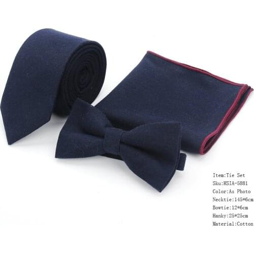 Brand New Mens 100% Cotton Designer Skinny Navy Solid Black Pocket Square Handkerchief Butterfly Bow Tie Neck Ties Set 13Colors