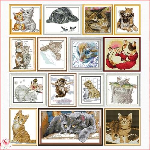 Animal Pattern Lovely Cat Cross Stitch Kit 14ct 11ct Printed Fabric Embroidery Kit DIY Handmade Needlework Home Decoration Gift
