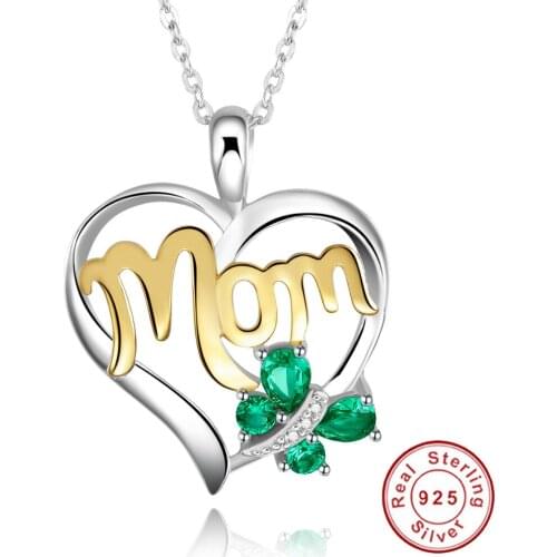 New Mom Necklace Sterling Silver Emerald Butterfly Necklace Mothers Day Gift for Women Family Jewelry with Gift Box