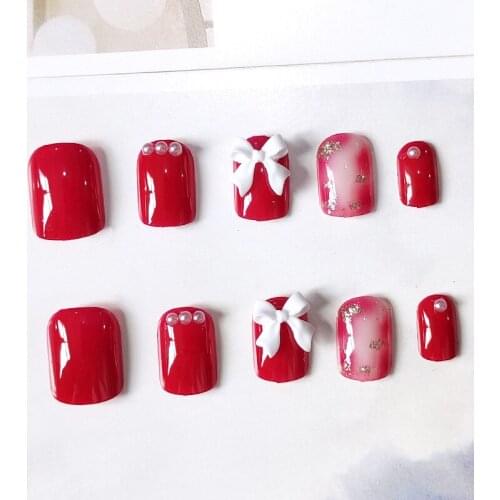 24pcs Bow Wine Red Nail Patch Square Head Glue Type Removable Short Paragraph Fashion Manicure False Nail Patch Fake Nails