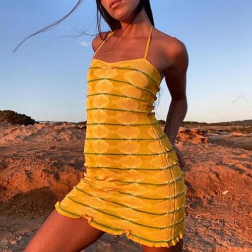 2 Colors Dress Halter Slim Knitted Sleeveless Sexy Ladies Stripe Lacework Hem Bodycon Mini Low Neck Dresses Woman Summer 2021