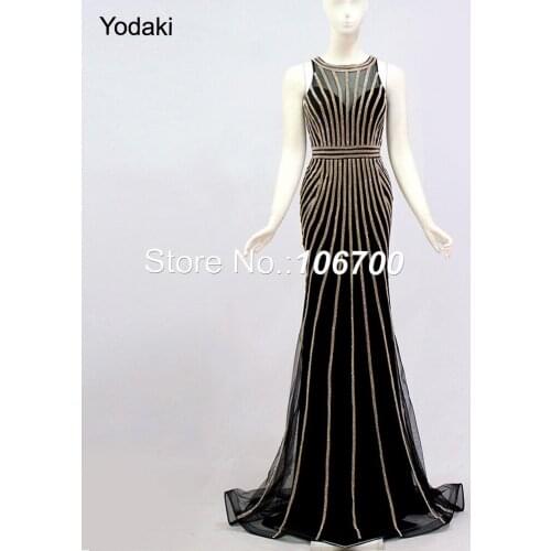 Amazing Full Dress Crystal Beading Prom Dress 2018 Real Photos O Neck Sheer Illusion Mermaid Black Color Party Evening Gowns