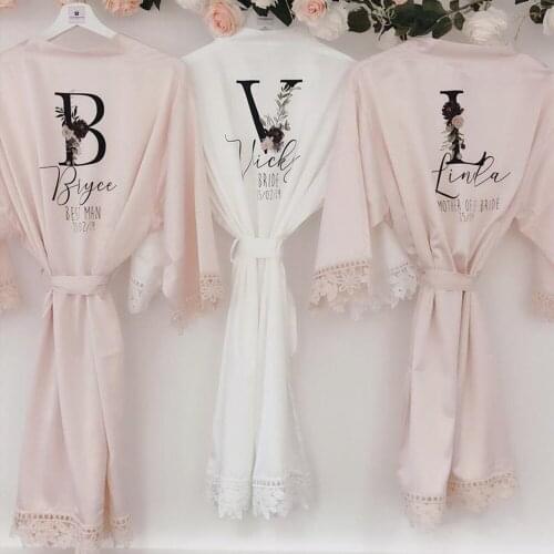 Pink Bridal robes with floral name,custom lace hen party nightgown,silk bridesmaid robe,sister of groom bathrobe valentines gift