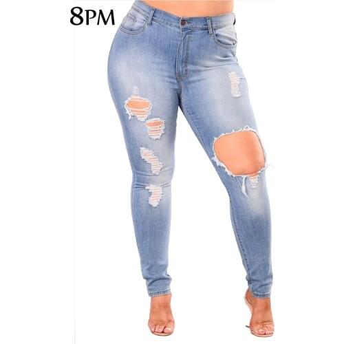 Plus Size Hole Ripped Skinny Jeans Hip Lift Pencil Denim Jeans Women High Waist Stretchy Pencil Pants Light Blue ouc1112