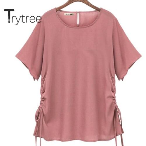 Trytree 2020 Summer Women Casual T-shirt O-neck Solid Pink Loose Side Drawstring Temperament Fashion Office Lady T-shirt Top