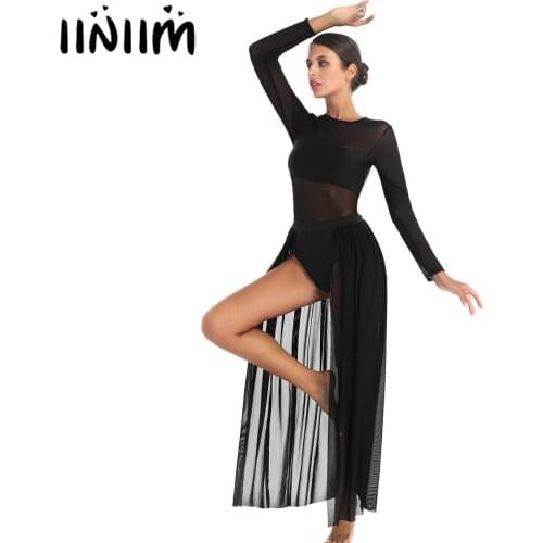 Iiniim Women Femme Mesh Patchwork Dance Dress Long Sleeve Back Zipper Skirted Ballroom Gymnastics Leotard Dresses Dancewear