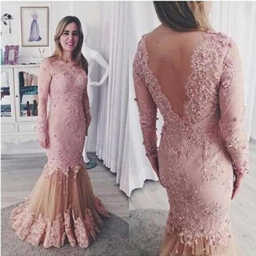 Elegant Mermaid Pink Lace Mermaid Evening Dresses Full Length Sexy Backless Illusion Long Sleeve Beaded Women Prom Party Wear Fo