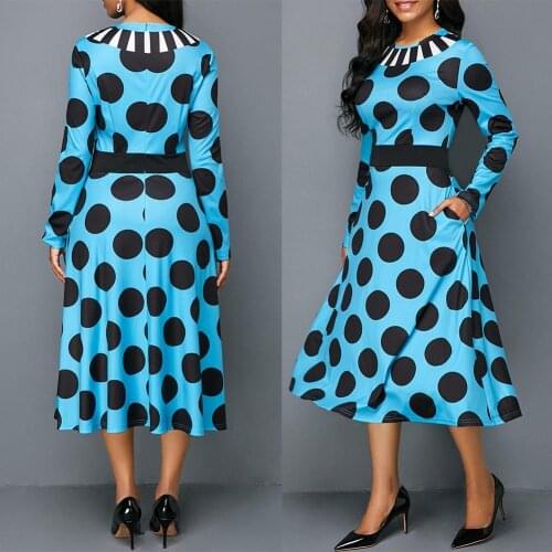 Female A Line Long Dress Vintage Women Long Sleeve O Neck Polka Dot Print Large Swing Party Midi Dress Women Elegant Dresses