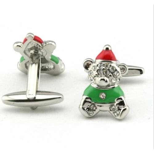 5Pairs/lot Green Novelty Santa Christmas Bear Cufflinks Enamel Crystal Cuff Links Xmas Gift Mens Jewelry Accessory Wholesale