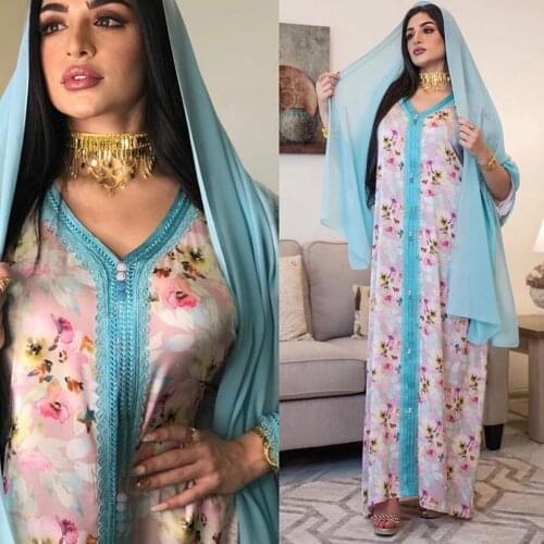 AB079 Dropshipping Elegant Plus Size Dress Pink Flower Abaya 2021 Woman European Female Jalabiya Arabic Clothes World Apparel