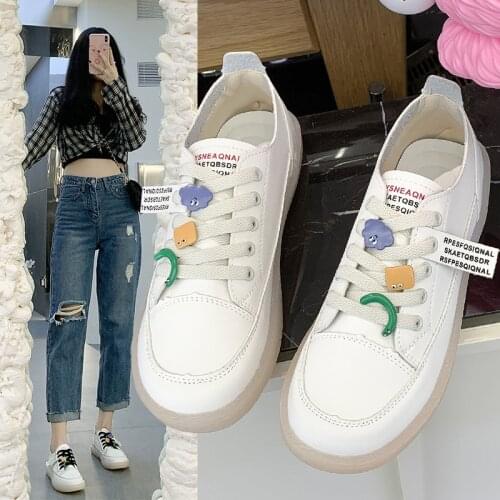 White casual sneakers new summer college style flat bottom lace up novelty pattern soft sole comfortable ladies single shoes