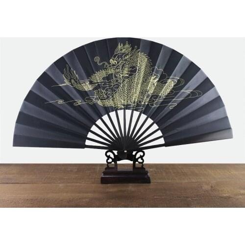 Black-faced large folding fan, Chinese printed golden dragon fan, home decorations, wedding Daily use dance gift Hand fan 33cm