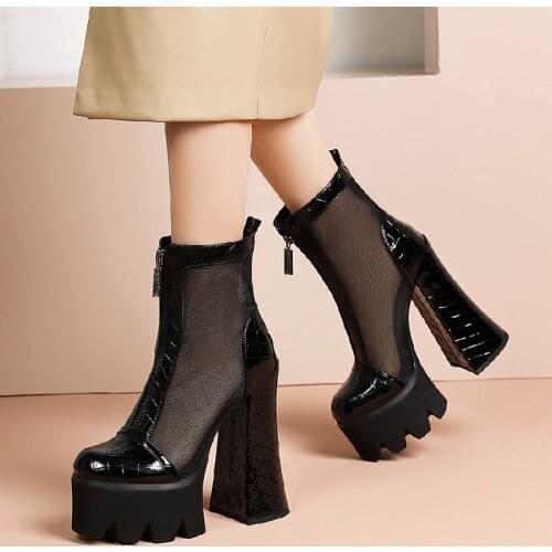 Summer Mesh Ankle Boots For Women Platform Black Brown Punk Heels Short Boots Women Shoes 2021 Chelsea Boots Ladies Breathable