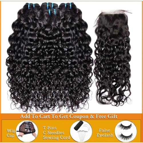 Brazilian hair weave bundles with closure water wave bundles with closure human hair 3 4 bundles with closure non-remy lanqi