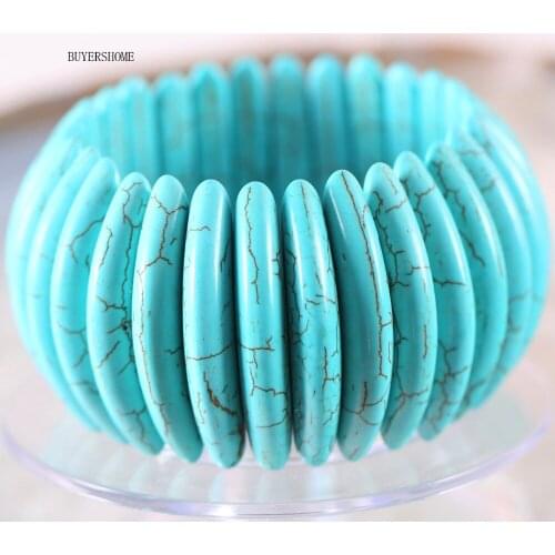 BUYERSHOME Hot Jewelry For Women 7X11X41MM Natural Beads Stone Green Howlite Stretch Bracelet 8" 1Pcs H604