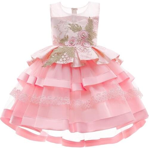 2021 New Arrival Pink Embroidered Flower 3-10 Years Little Girls Princess Dress Kids Clothes Birthday Party Layered Mesh Dress