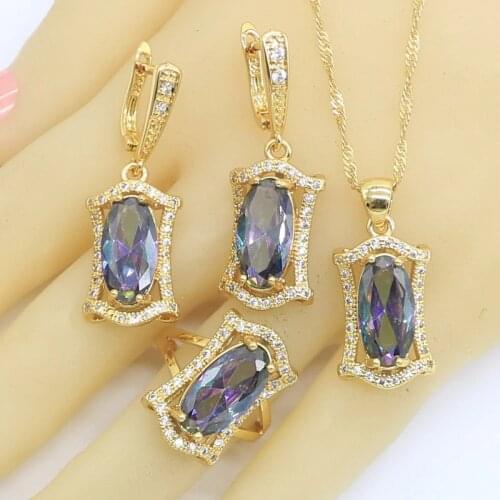 Geometric Rainbow Zircon Gold Color Jewelry Sets for Women Party Wedding Hoop Earrings Necklace Pendant Rings Free Gift Box