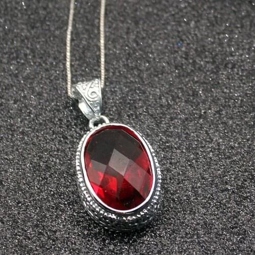 Hermosa Gorgeous Oval Shape Blood Red Garnet Silver Color For Women Charms Pendant Chain Necklace 20 Inch