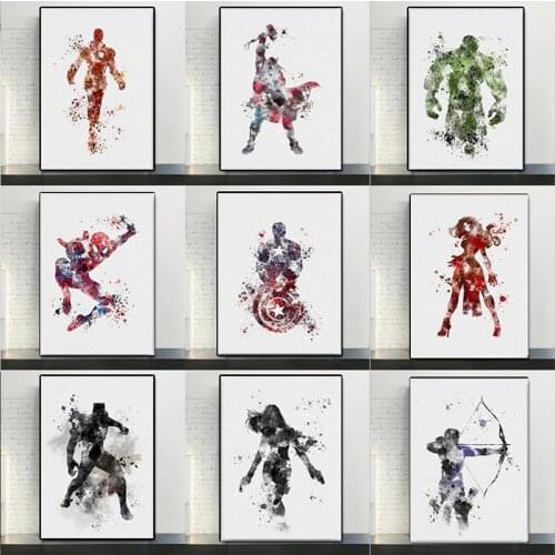 Marvel Movie Avengers Watercolor Canvas Art Painting Superhero Iron Man Poster and Print Wall Art Picture for Home Decoration