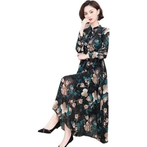 Summer ladies chiffon dress, autumn fashion elegant printed long-sleeved dress, temperament A line retro horn sleeve h0023