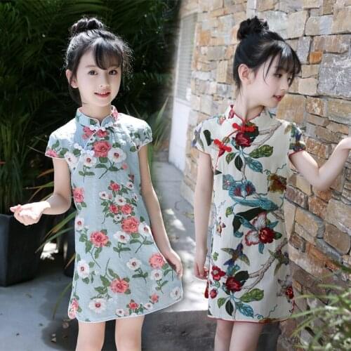 Summer Dresses Girl Short Sleeve Cheongsam Cotton Dress Floral Printed Chinese Style Childrens Party Dress