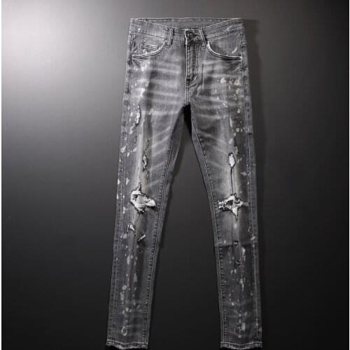 American Street Style Fashion Men Jeans Retro Gray Elastic Slim Fit Ripped Jeans Men Destroyed Designer Hip Hop Denim Punk Pants