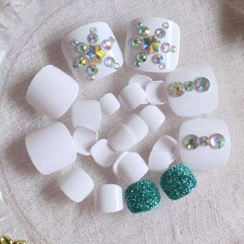 24pcs high-grade crystal diamond fashion full diamond fake nails sexy white green #N56