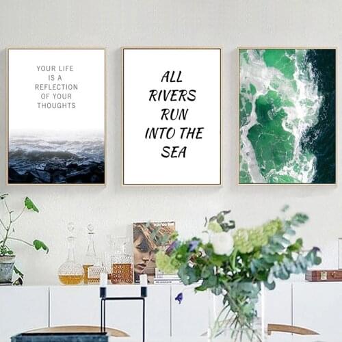 Nordic Waves Landscape Canvas Painting All Rivers Run Into The Sea Simple Proverbs Poster Living Room Study Art Decor Pictures