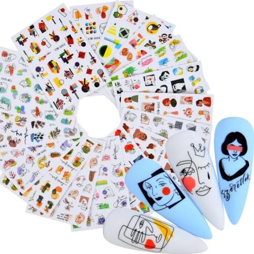 2021 NEW Abstract Lady Face Nail Decals Water Black Flower Leaf Sliders Paper Nail Art Decorations Sticker DIY Manicure Foils