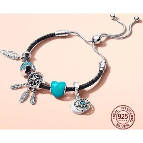 NEW 2018 New Hot Sale 925 sterling silver Black Leather Bracelet Gift Set For Women Adjustable Bracelet Charm DIY Jewelry