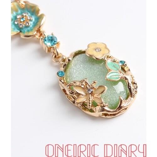 ONEIRIC DIARY Butterfly Flower Fashion Pendant Glaze Green Stone Long Necklace Sweater Chain Female Jewelry