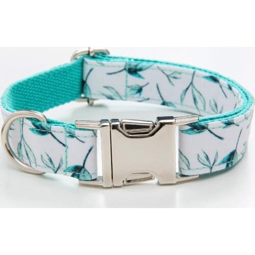 Personalized Blue Leaf Dog Collar Leash With Bow Tie Set Free Engraved Nameplate For Small Medium Large Dog