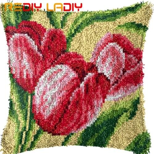 Latch Hook Cushion Red Tulip Pillow Case Pre-Printed Color Canvas Acrylic Yarn Latched Hook Pillow Crochet Cushion Cover Kits