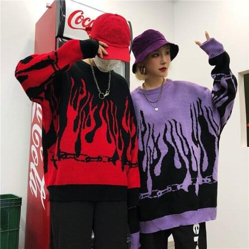Autumn Winter Harajuku Flame Knitting Batwing Sleeve Sweater Casual Long Women Tide Printed Sweater Loose Boyfriend Pullovers