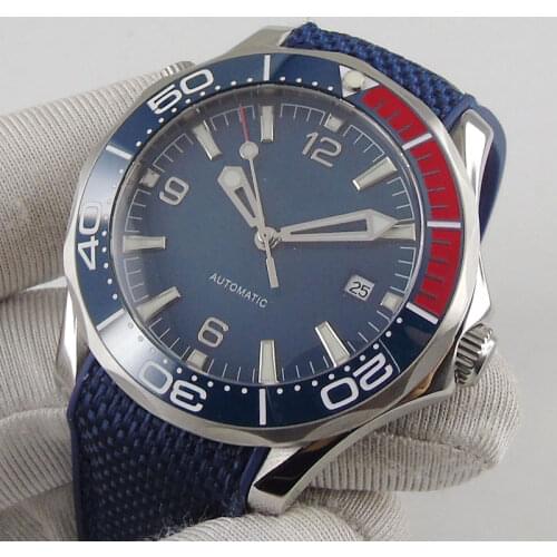 Luxury 41mm Mechancial Mens Watch Blue Dial Sapphire Luminous Glass MIYOTA Automatic Rubber Band Ceramic Bezel Date Function