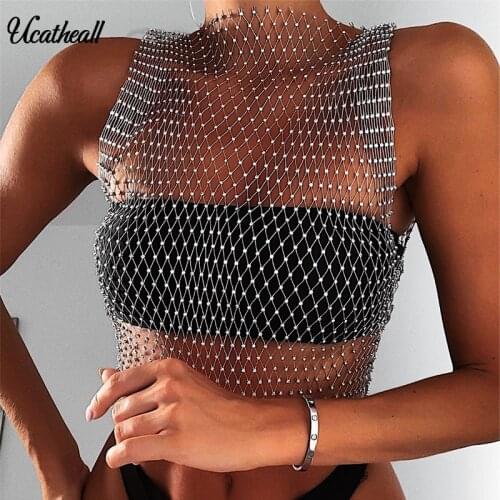 Sexy Diamond Hollow Out Crop Top Knit Net Vest Female Loose Fashion Summer Basic Tops For Women Fishnet Shirt