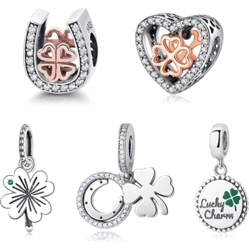 Original 100% 925 Sterling Silver Charm Bead Green Enamel Lucky Clover Charms Fit Pandora Bracelets Necklaces Women DIY Jewelry