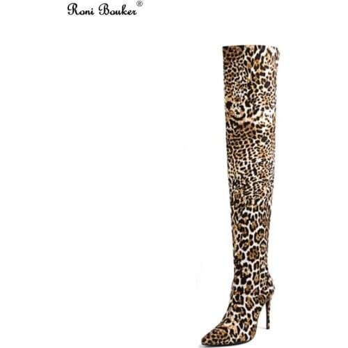 Roni Bouker Large Size35-42 Chic Autumn Winter Leopard Boots Women Pointed Toe Stretch High Heels Sexy Over-the-knee Shoes Woman