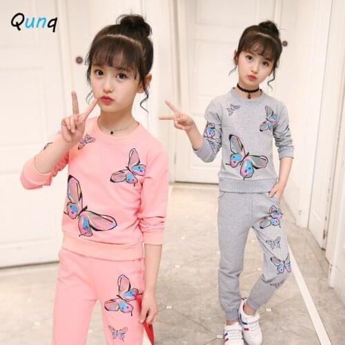 Butterfly Girls Sport Suits 2021 New Spring Fall Casual Kids Clothes for Girl Sweatshirt Pant Two Piece Children Clothing Set