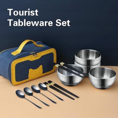 Tableware Camping Outdoor Cutlery Stainless Steel Foldable Chopsticks Spoon Bowls Picnic Tourist Set Bag Dinnerware Travel Tools