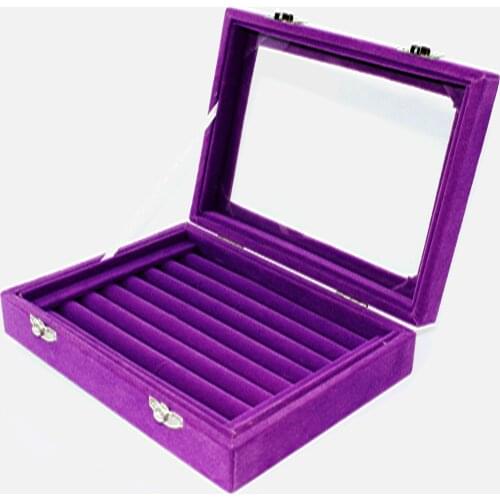 SZanbana Purple 7Slots Velvet Ring Display Box Earring Organizer Jewelry Tray Cufflink Storage & Show Case With Clear Glass lid