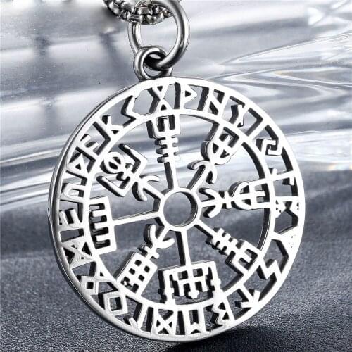 Vikings Nordic Necklace Round Hollow Pendant for Men Boy Retro Circle Punk Style Stainless Steel Chain Male Jewelry 24Inch