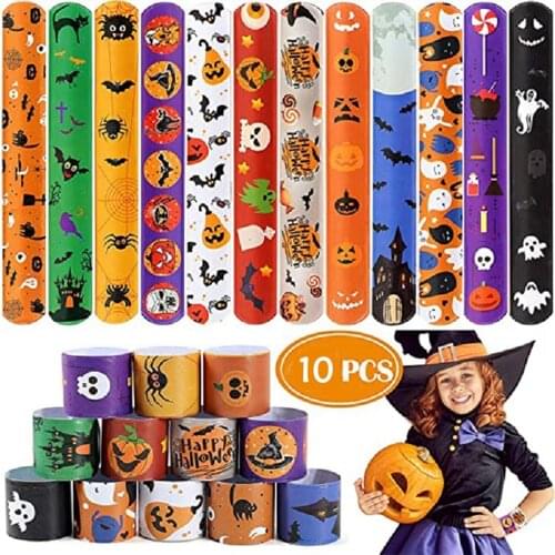 10PCS Halloween Slap Bracelets Funny Ghost Party Halloween Gifts Kids Adults Favor Cartoon Pumpkin Happy Halloween Party Decor