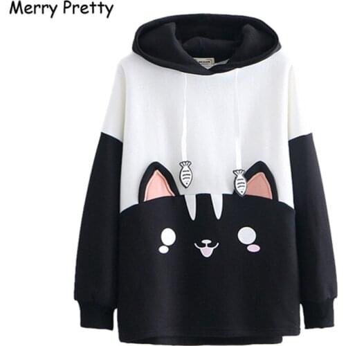 Merry Pretty Women Cartoon Embroidery Black Hooded Sweatshirts 2020 Winter Long Sleeve O-Neck Plus Velvet Thick Pullovers
