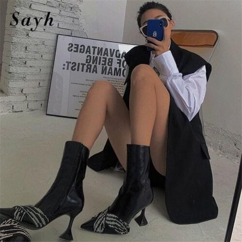 Women Ankle Boots Pu Leather Pointed Toe Strange Heels Crystal Rome Punk Modern Boots PU Leather Shoes